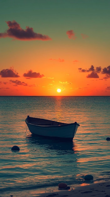 a boat in the water with a sunset in the background