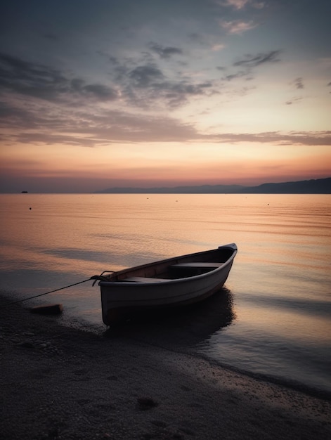 A boat on the water with a sunset in the background.