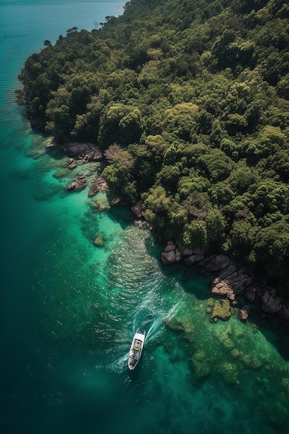 A boat in the water with trees on the side