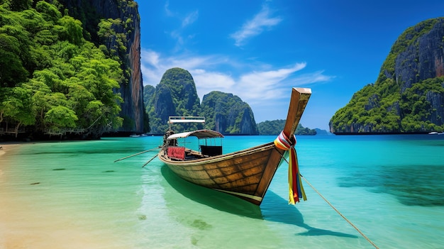 A boat in the water with a tropical island in the background.