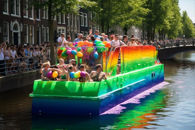 Photo a boat with balloons on it that says rainbow on it