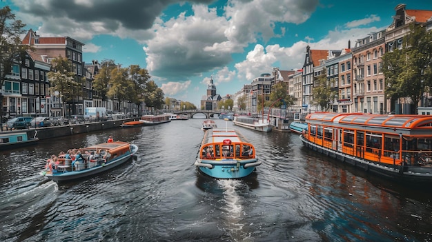 a boat with a blue boat on the water and a building in the background