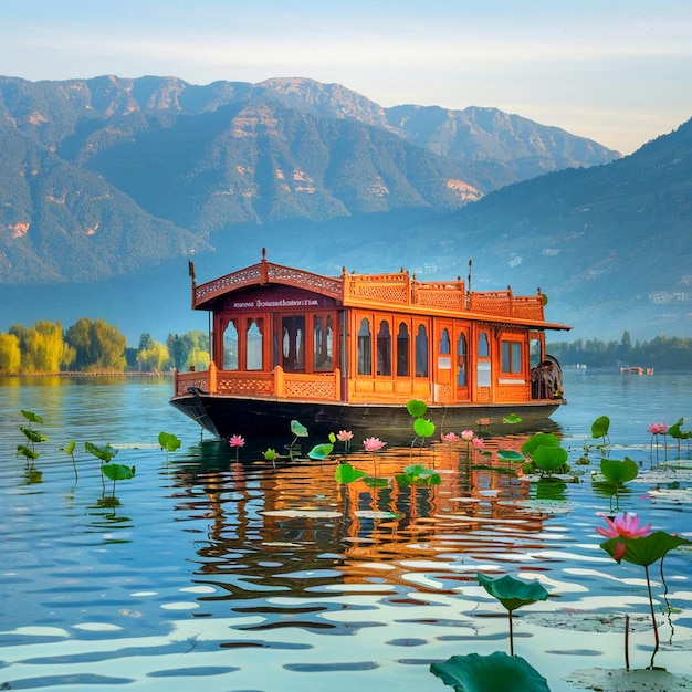 Photo a boat with a boat on the water with a mountain in the background