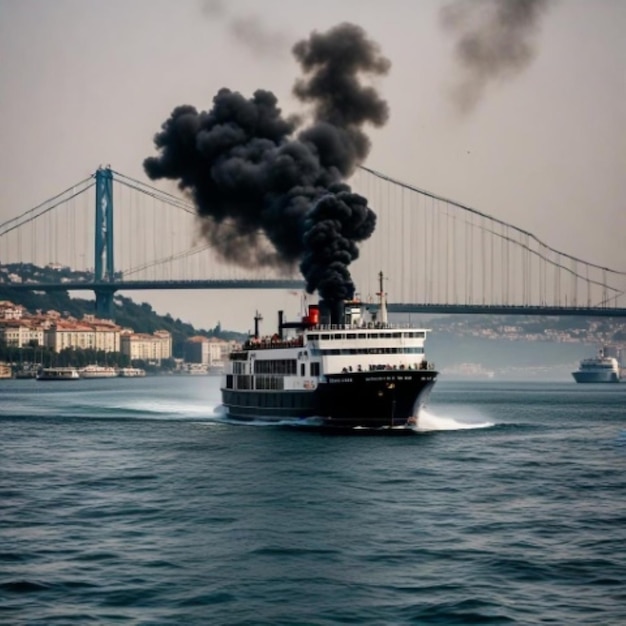 Photo a boat with a bridge in the background and a bridge in the background