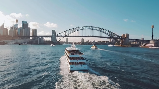 Photo a boat with a bridge in the background and a bridge in the background