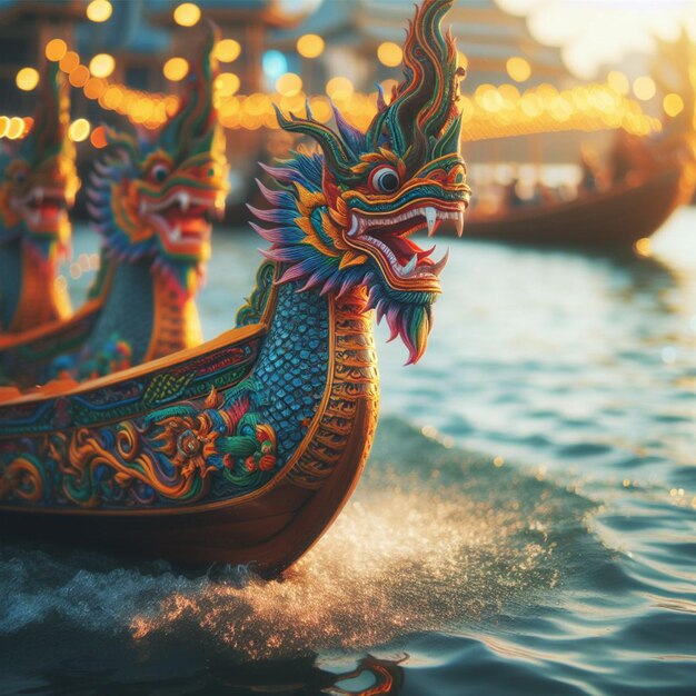 Boat with colorful dragon heads carved