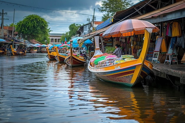 a boat with a colorful stripe is floating on the water