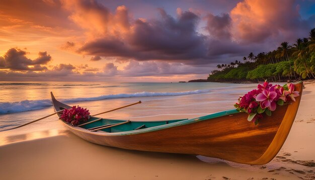 a boat with flowers on the side is on the beach