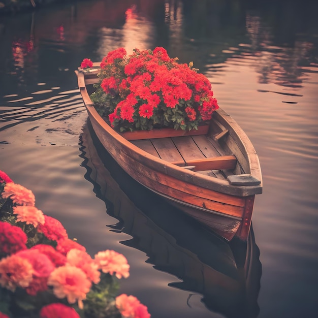 a boat with flowers on the side is tied to a dock