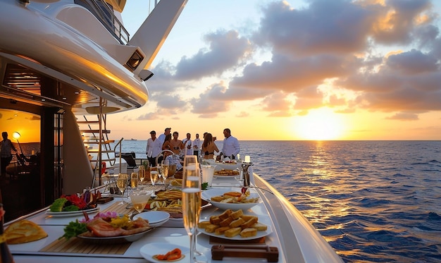 a boat with a glass of wine and a boat with a sunset in the background