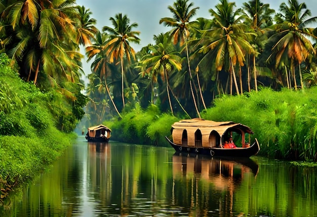 a boat with a house on the back is floating in the water