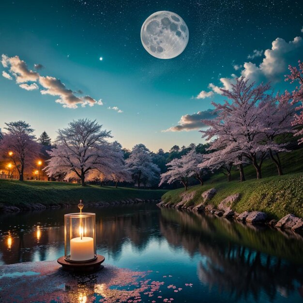 a boat with a lantern on the water and a tree with the moon in the background