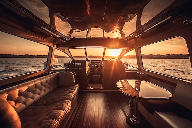 A boat with a leather couch and a table in the foreground.