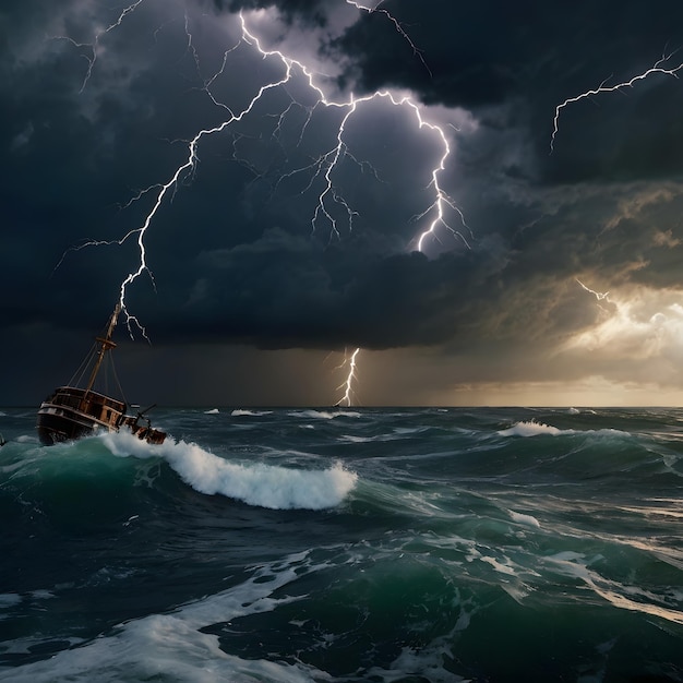 a boat with lightning in the background and a lightning bolt in the sky