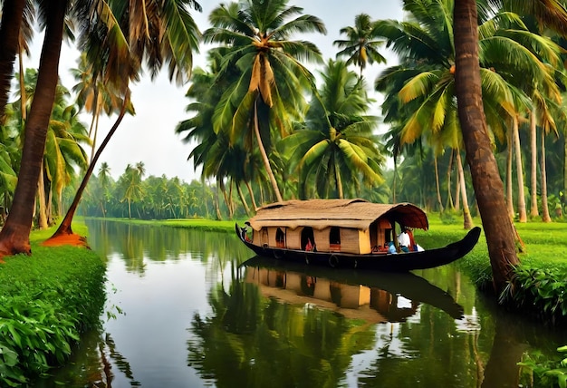 a boat with a man on the back is floating in the water with palm trees