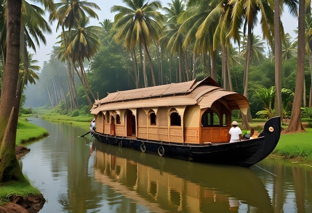 a boat with a man on the back is floating in the water