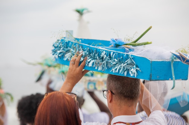 Boat with offerings to iemanja during a party at copacabana beach in Brazil