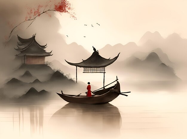 A boat with a person in a red robe is on a lake.