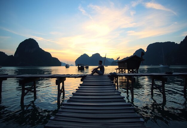 a boat with a person sitting on it in the water with a dock in the background