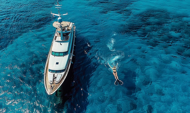 a boat with a person swimming in the water and a woman swimming in the water