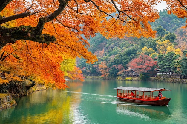 Photo a boat with a red bottom is sailing on a lake with trees in the background