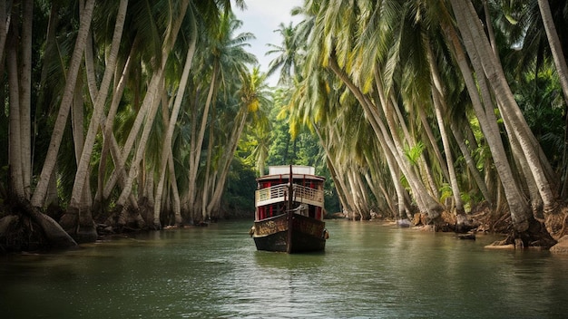 a boat with a red roof is traveling through the jungle