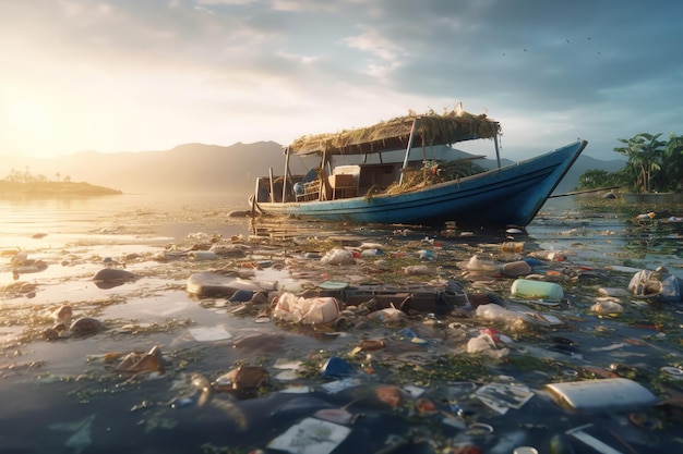 A boat with a roof on it and a boat with a lot of trash in the water.