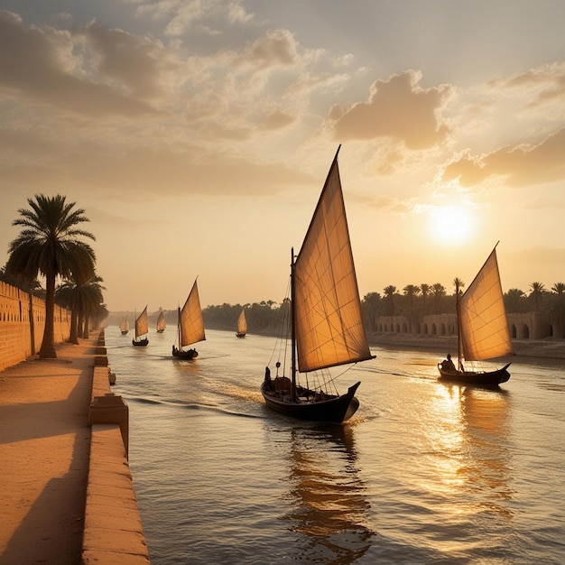 a boat with a sail is sailing in the water with palm trees in the background