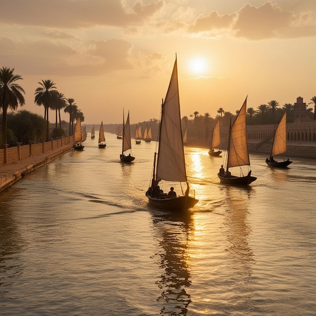 Photo a boat with a sail is sailing in the water with palm trees in the background