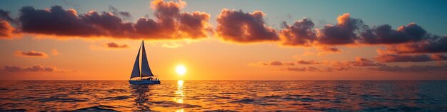 Photo a boat with a sail sails into the sunset mediterranean orange sunset yacht sailing in an open sea