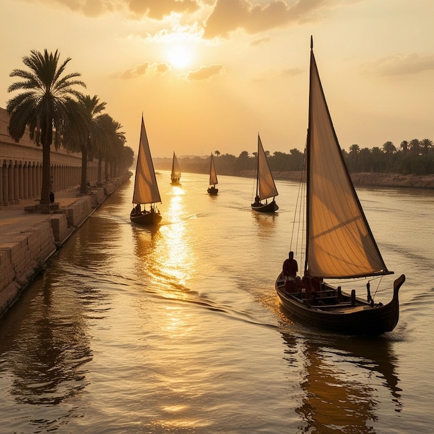 Photo a boat with sails that are sailing down a river