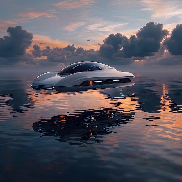 a boat with a speedboat on the water with the sun setting behind it