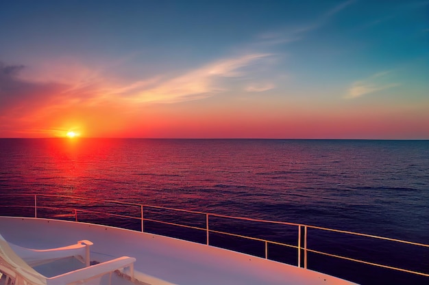 A boat with a sunset on the horizon