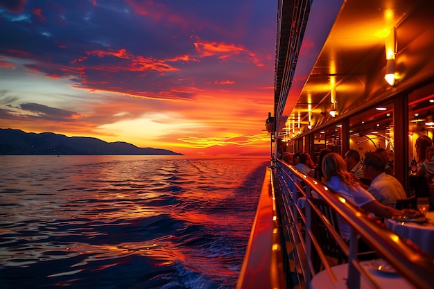 Photo a boat with a sunset and mountains in the background