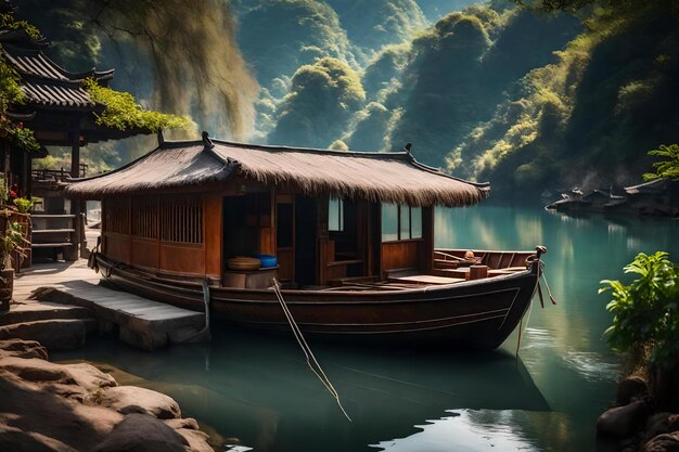 A boat with a thatched roof sits in the water.