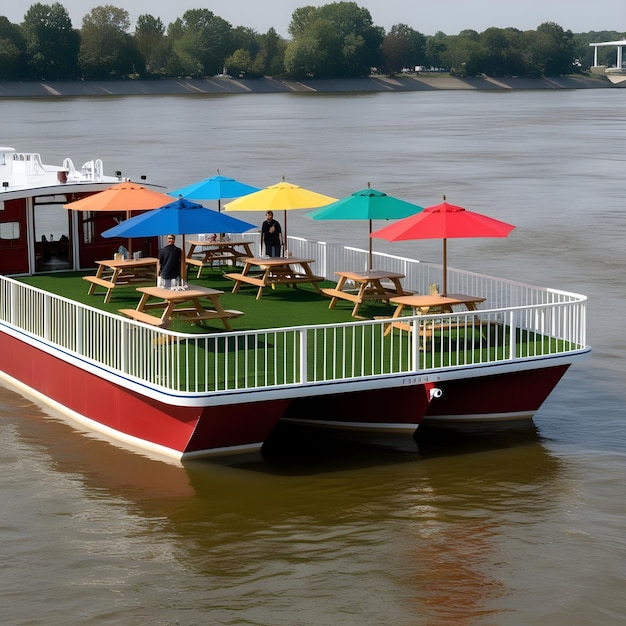 a boat with a yellow umbrella that says cafe on the side