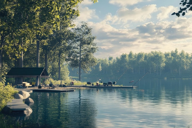 Photo a boathouse is on the water with a boat in the background