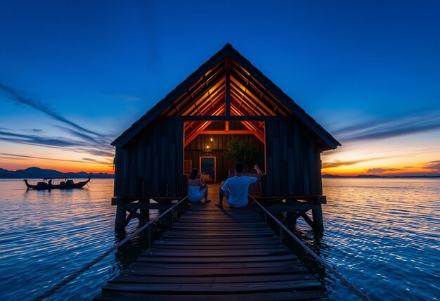 Photo a boathouse is on the water with a boat in the background