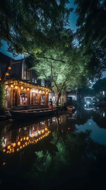 A boathouse at night with a lit up sign that says'chinese restaurant '