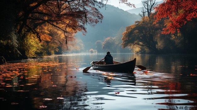 Boatman rowing a boat in autumn along the river