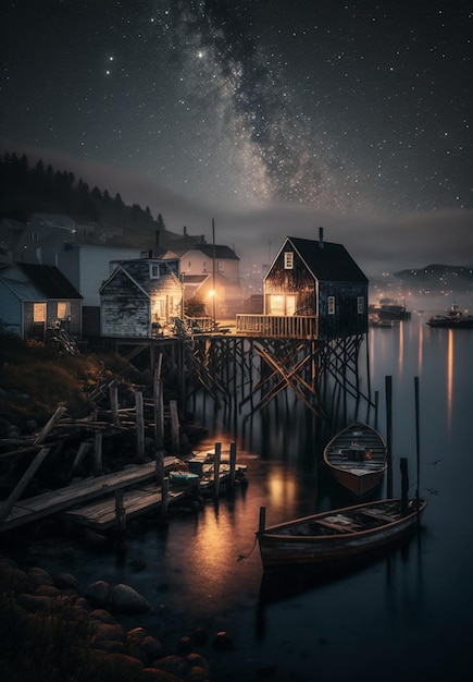 Boats are docked on a dock at night with starry sky generative ai