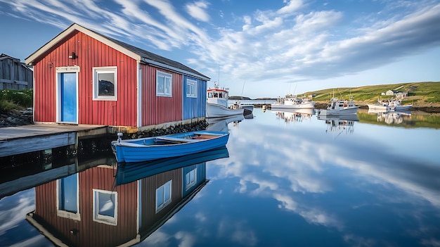 Photo boats are docked in a harbor with a red house in the background