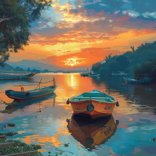 boats are docked on the water at sunset with a colorful sky generative ai