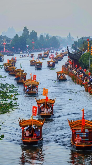 boats are floating down a river with people on them generative ai