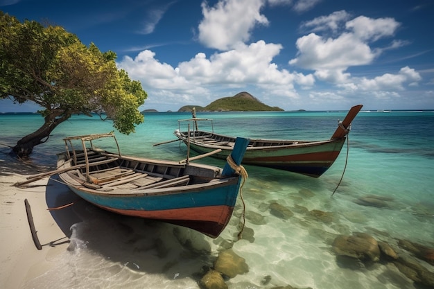 Boats on a beach with a green island in the background