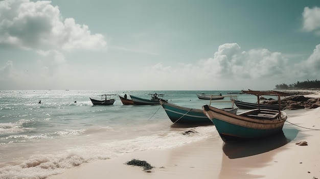 Boats on a beach with the sun shining on the water.