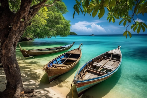 Boats on a beach with trees in the background