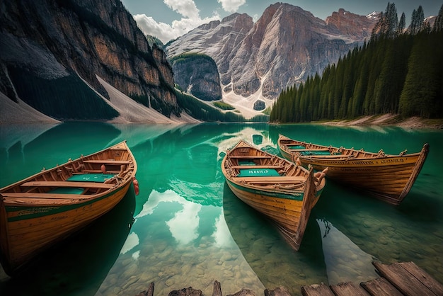 Boats on the Braies Lake (Pragser Wildsee) in Dolomites mountains