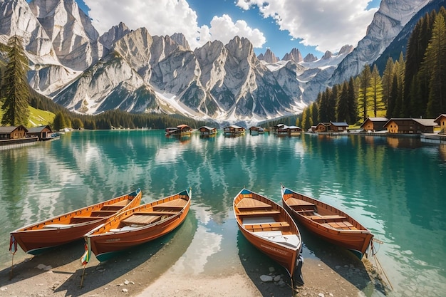 Boats on the Braise Lake in Dolomites mountains Satiro