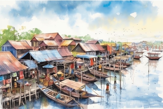 Boats docked in a colorful harbor created with watercolors Generative AI